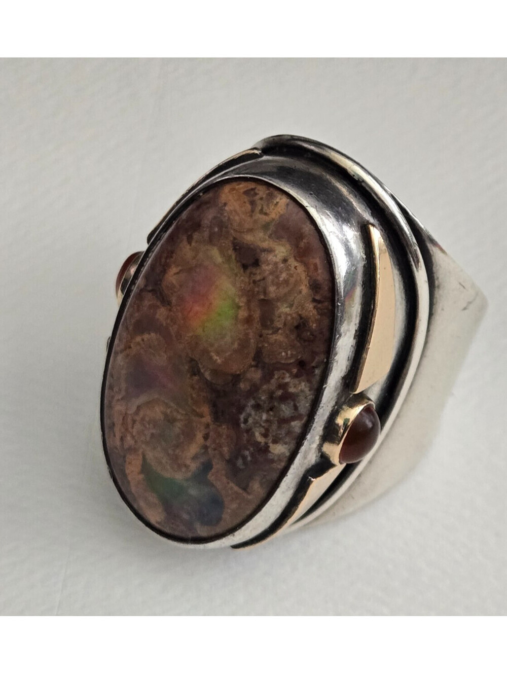 Vintage Heavy 32g Sterling Silver Tested 14k Gold Boulder Opal Ring Size 11.5